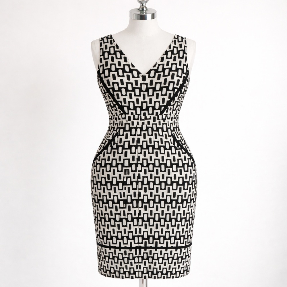 Taylor Black White Geometric Sheath Dress Sz 14